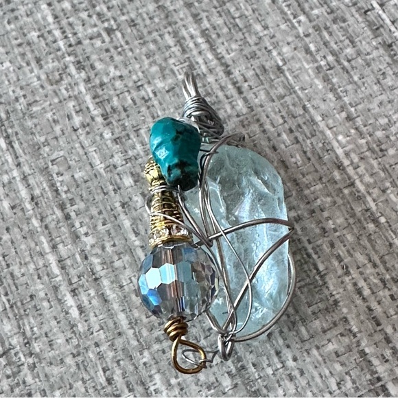 Blue Sea Beach Glass Pendant Beaded Accent Artisan Silver Wire-Wrapped Necklace - Picture 1 of 11